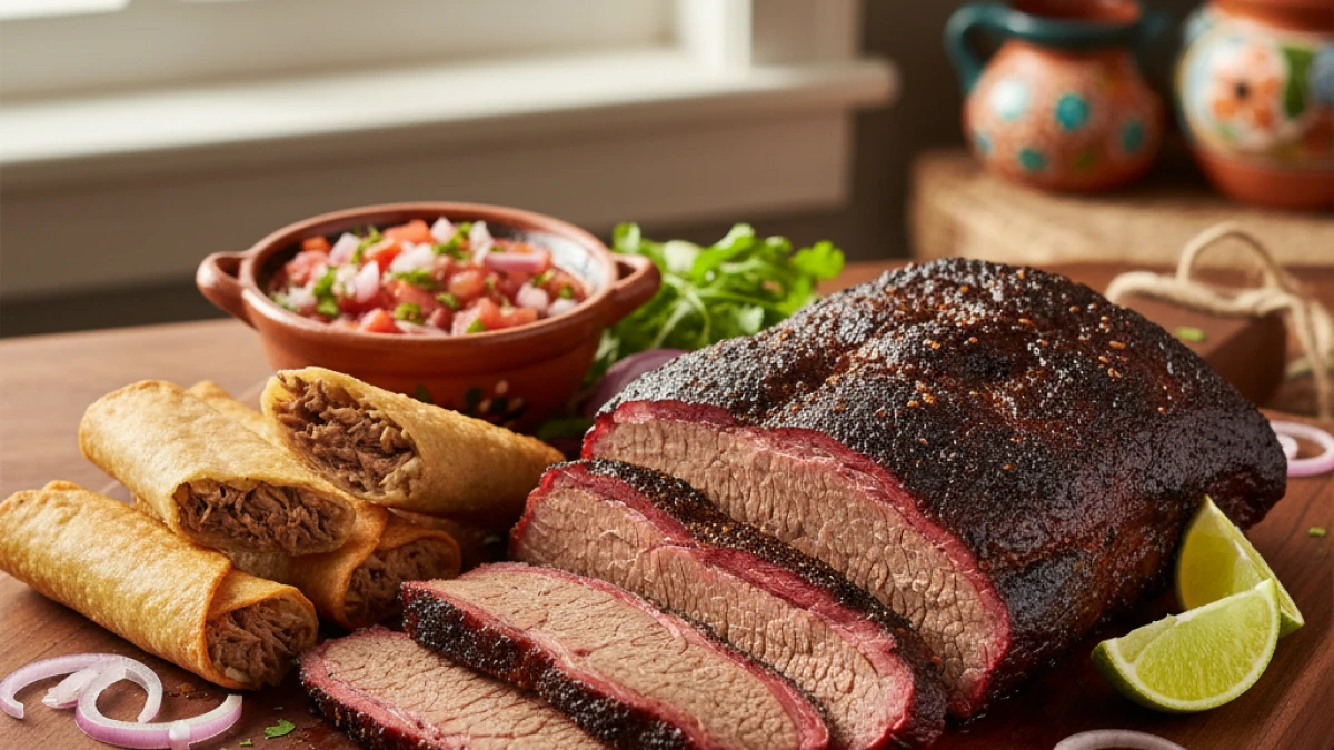 Receta de Barbacoa de Brisket al Horno con Tacos Dorados y Salsa de Chile Manzano